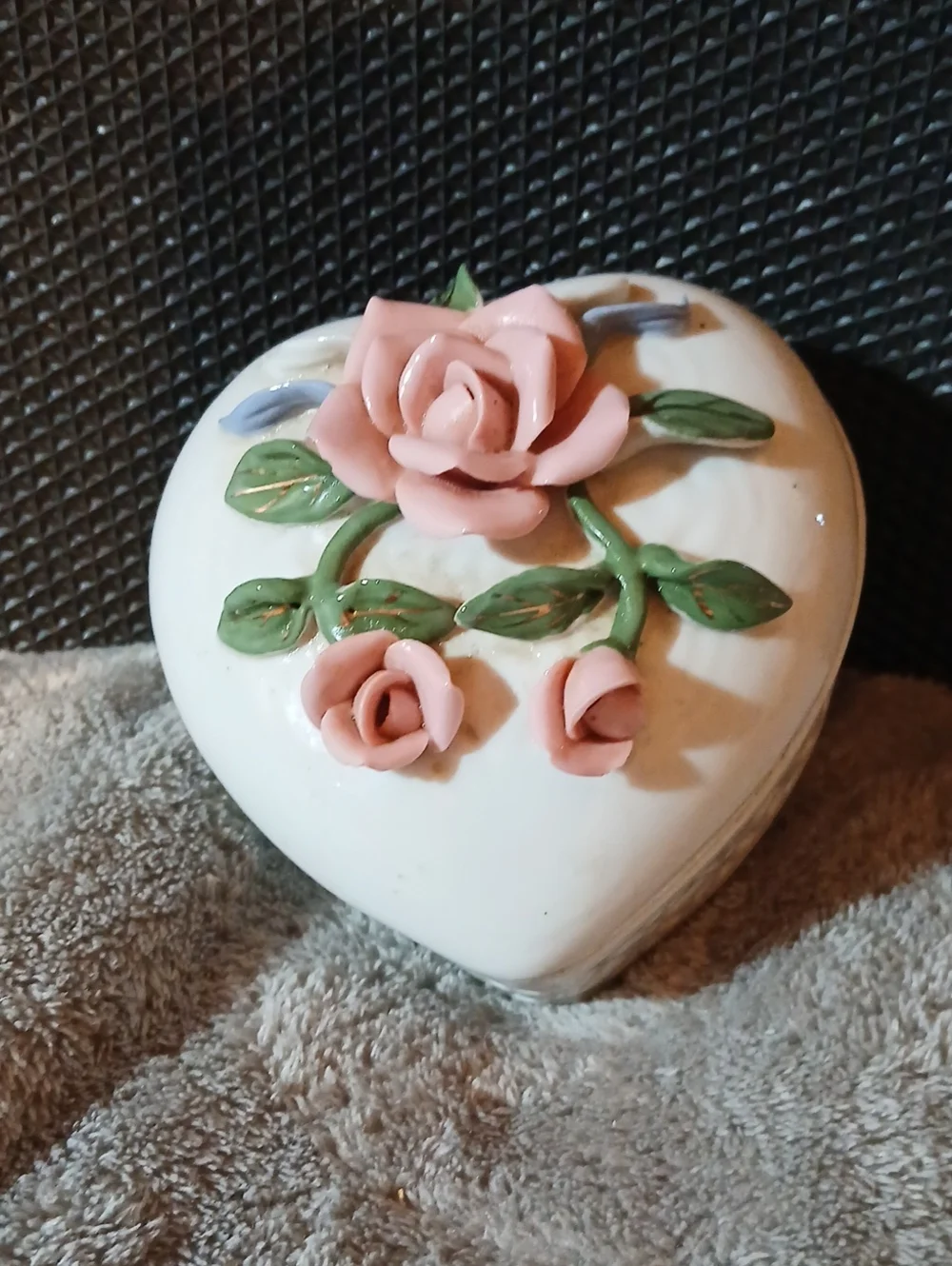 Vintage Porcelain Heart Trinket Box with Pink Rose Appliqué